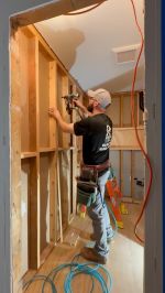 Installing underlayment and wall furring strips for a bathroom remodel.

#generalcontractor 
#homeremodel 
#homeimprovement 
#bathroomremodel 
#carpenter